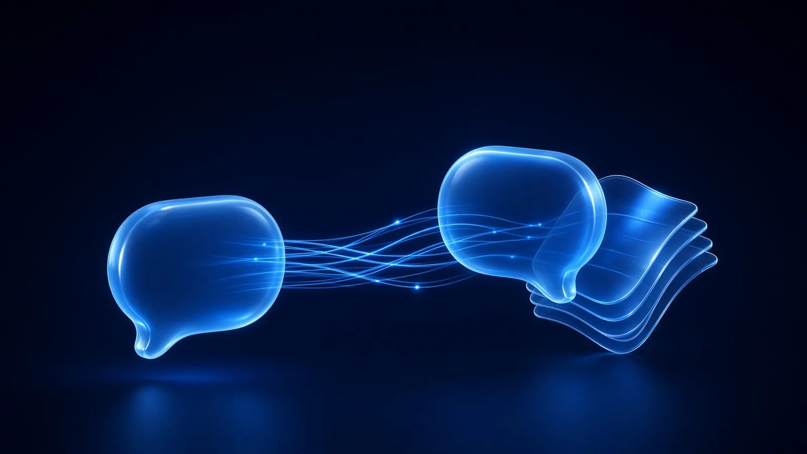Two glowing glass speech bubbles facing each other, linked by thin threads of blue light, with a small stack of translucent pages behind one of them