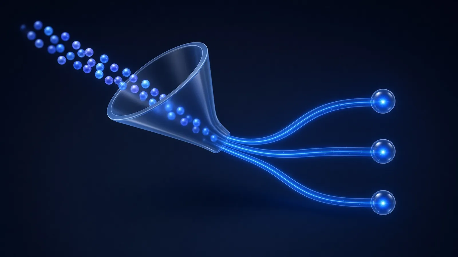 A stream of small glowing spheres flowing into a translucent funnel that splits them into three blue lanes ending in bright points