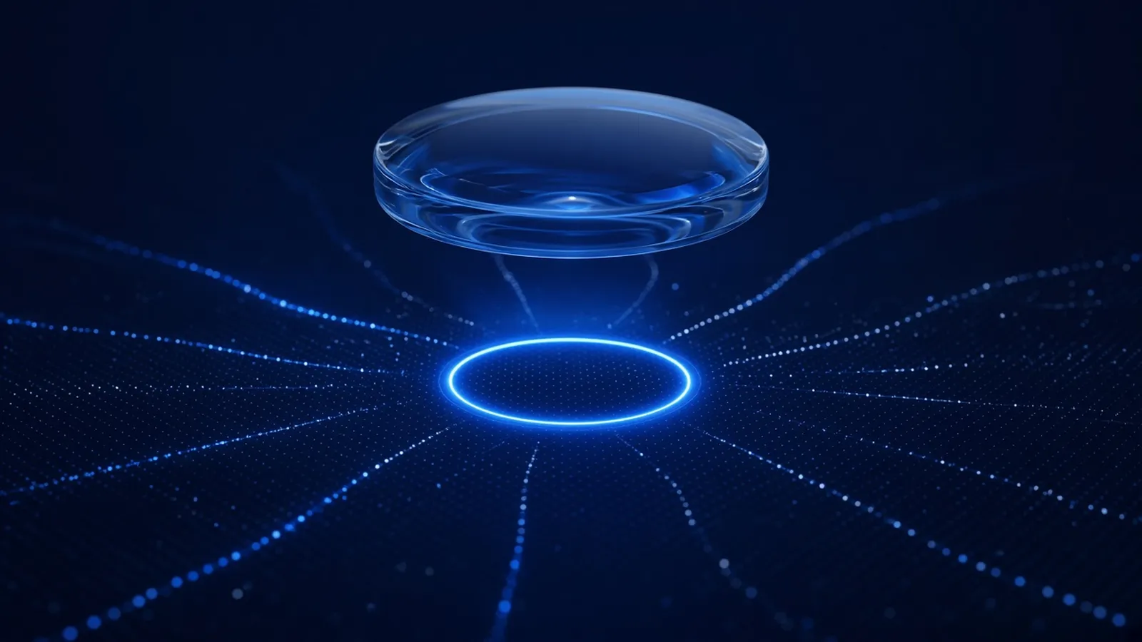 A clear glass lens hovering above a field of tiny glowing points that flow along a few paths toward one bright ring