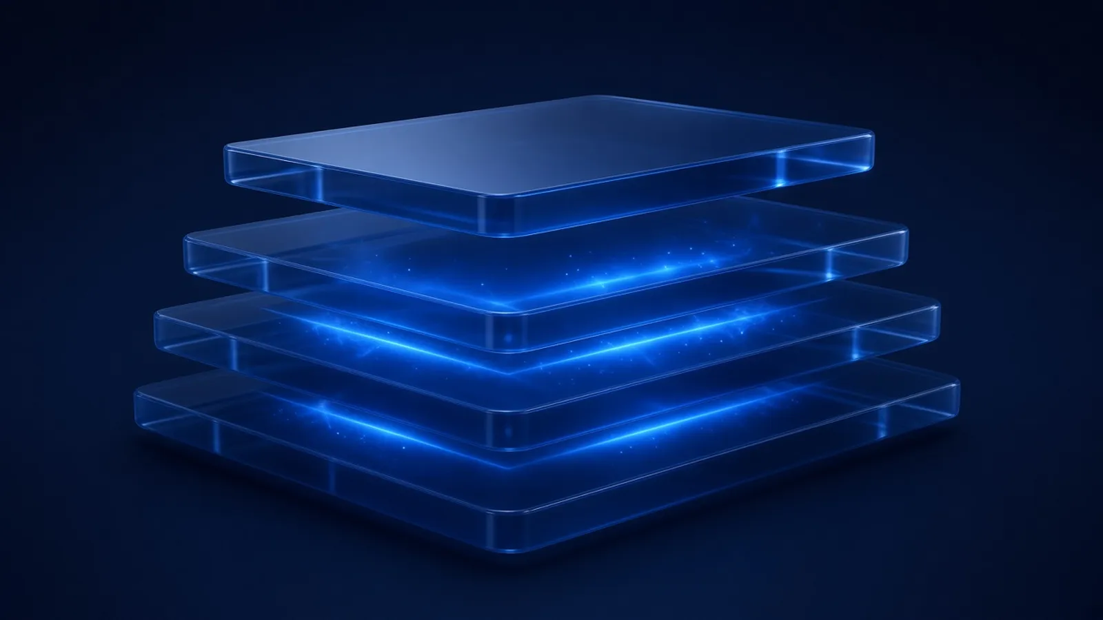 Four horizontal glass layers floating apart with blue light glowing between them, the top layer set slightly apart from the rest