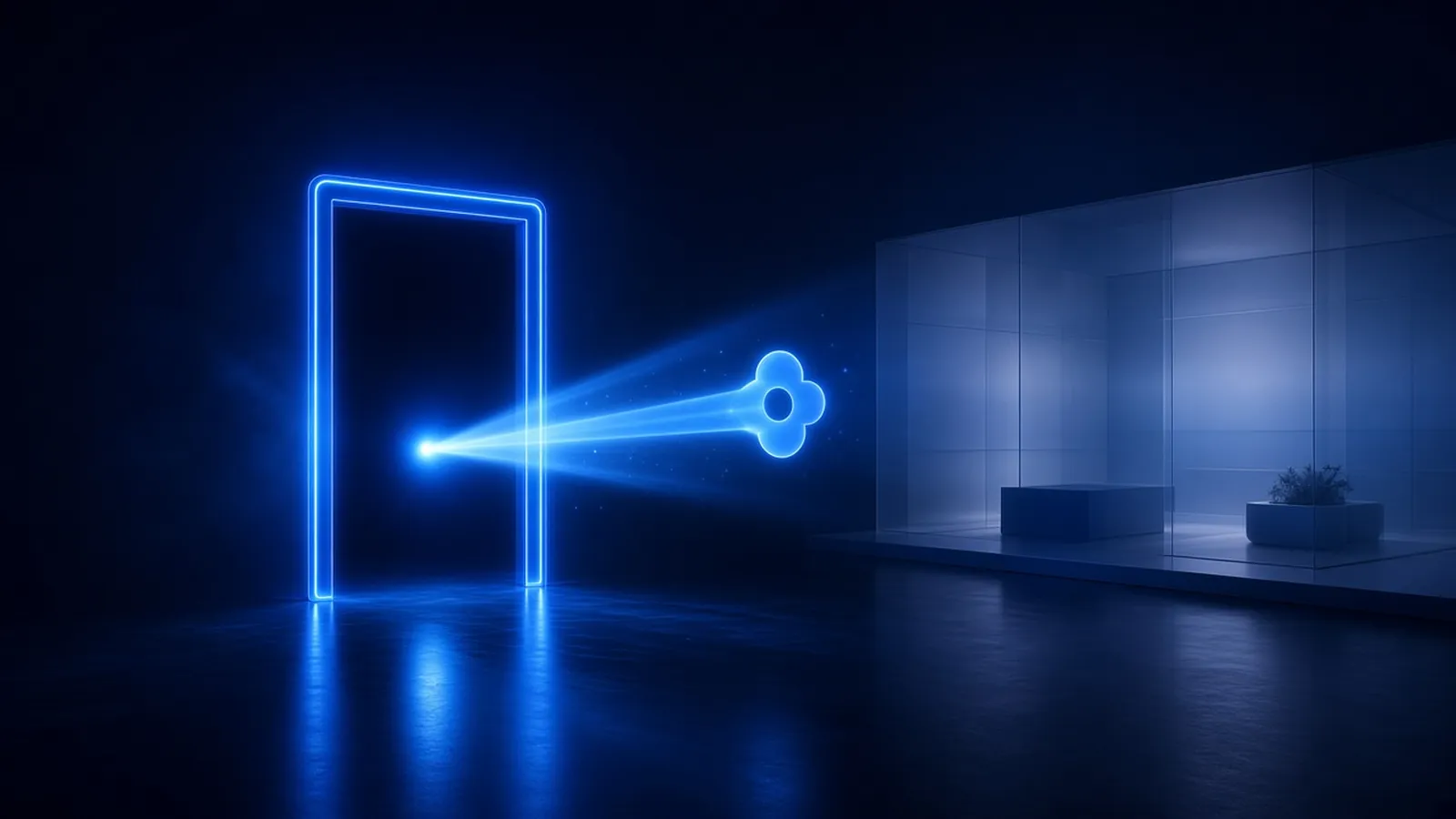 A glowing blue doorway on a dark reflective floor with a key-shaped beam of light passing through toward a quiet private room of glass panels
