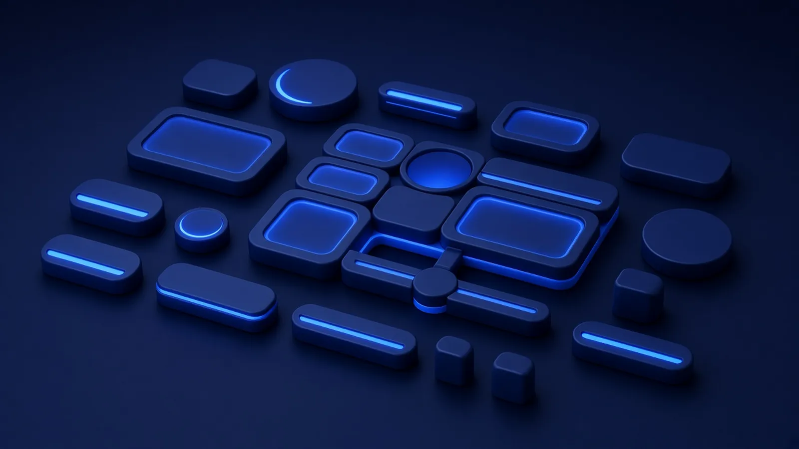 Rounded rectangles, circles and bars of dark material with glowing blue edges arranged like a toolkit, some snapped together into a larger layout