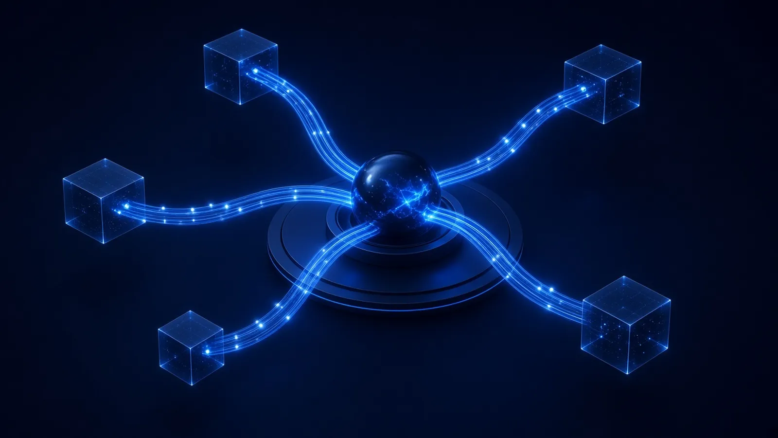 Glowing blue cables carrying pulses of light from five translucent cubes into a dark central sphere on a round base
