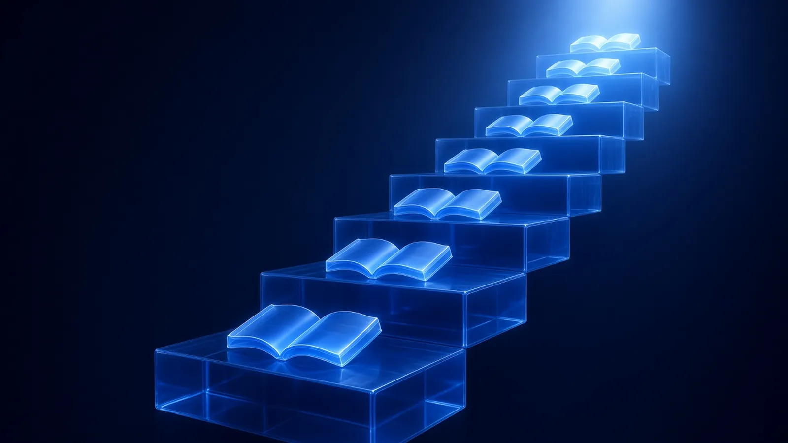 A staircase of translucent glass blocks rising toward a soft light, with an open book resting on each step, suggesting a structured learning path