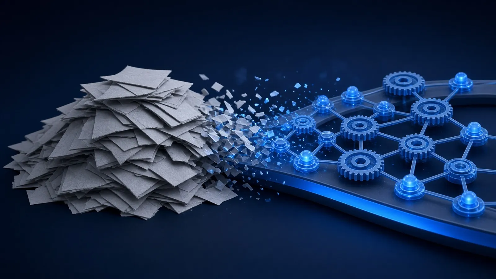 A messy pile of grey paper sheets dissolving into an orderly blue network of gears and connected nodes on a curved track