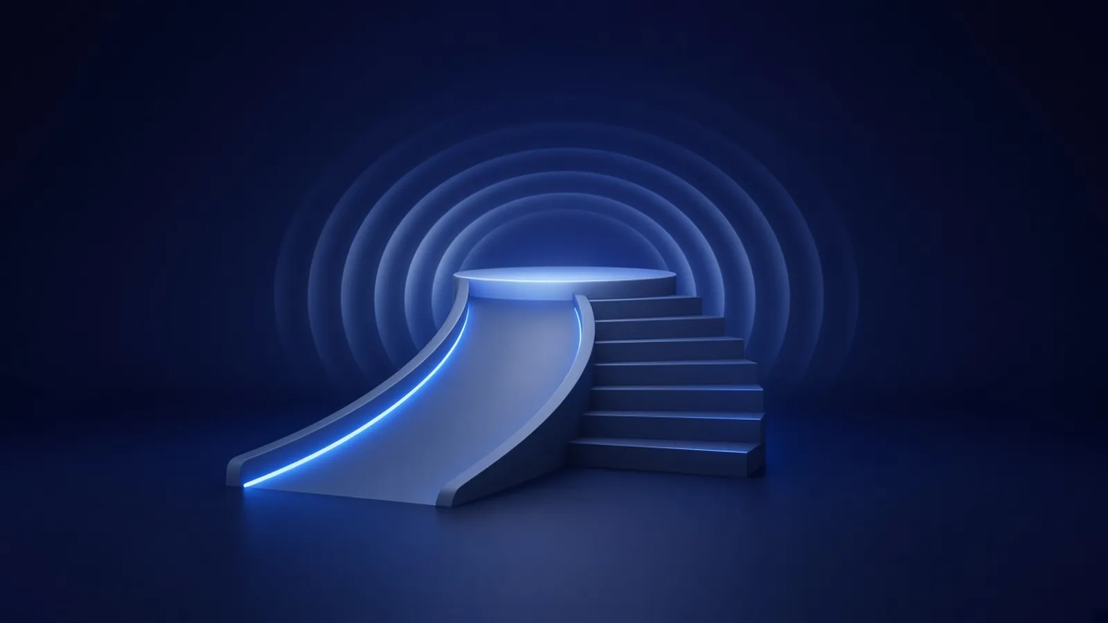A curved ramp and a set of stairs side by side leading to the same glowing platform, framed by soft rings of blue light
