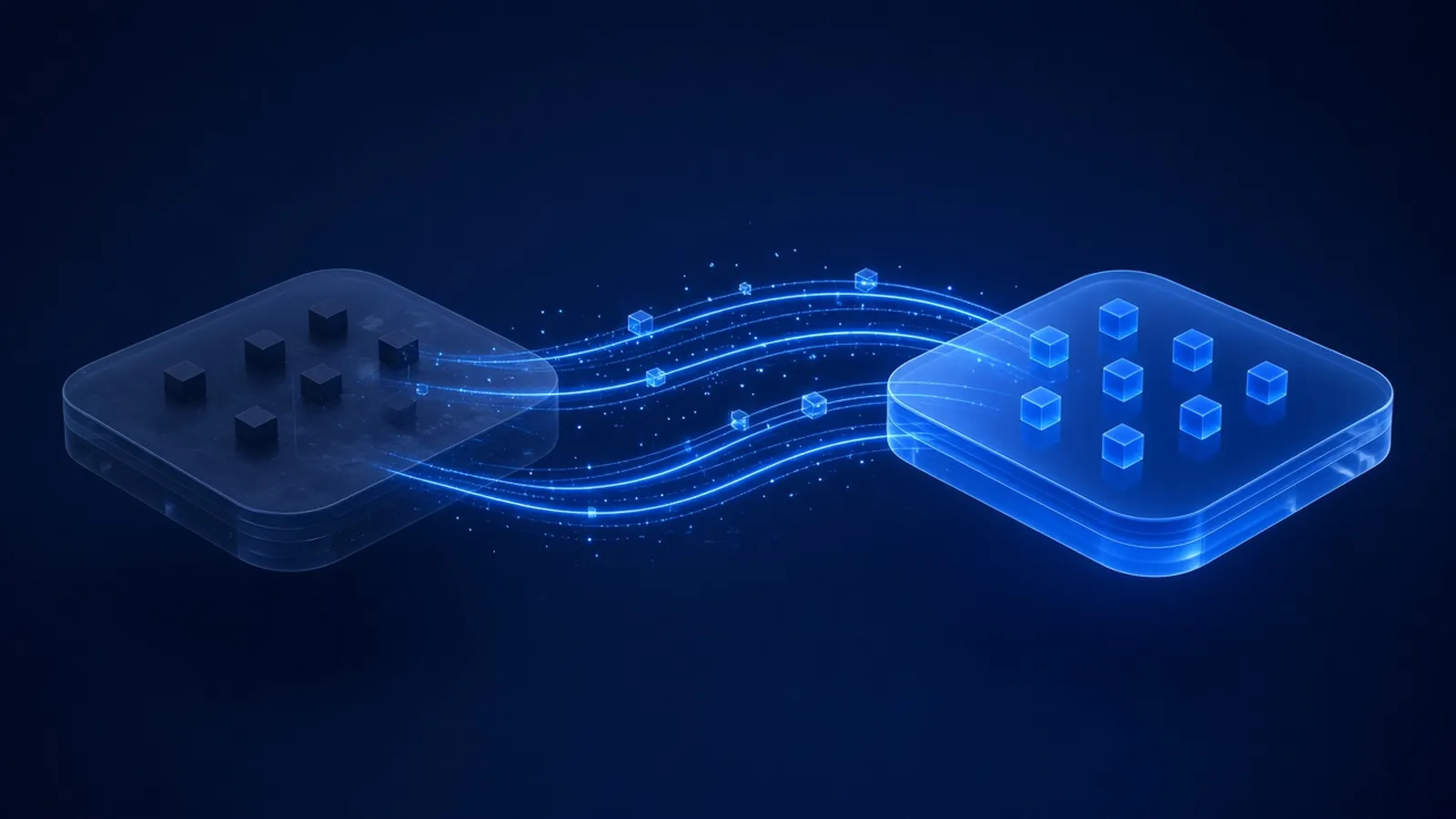 Two floating translucent platforms, one dim and one bright, joined by glowing blue bridges of light carrying small cubes from the old to the new