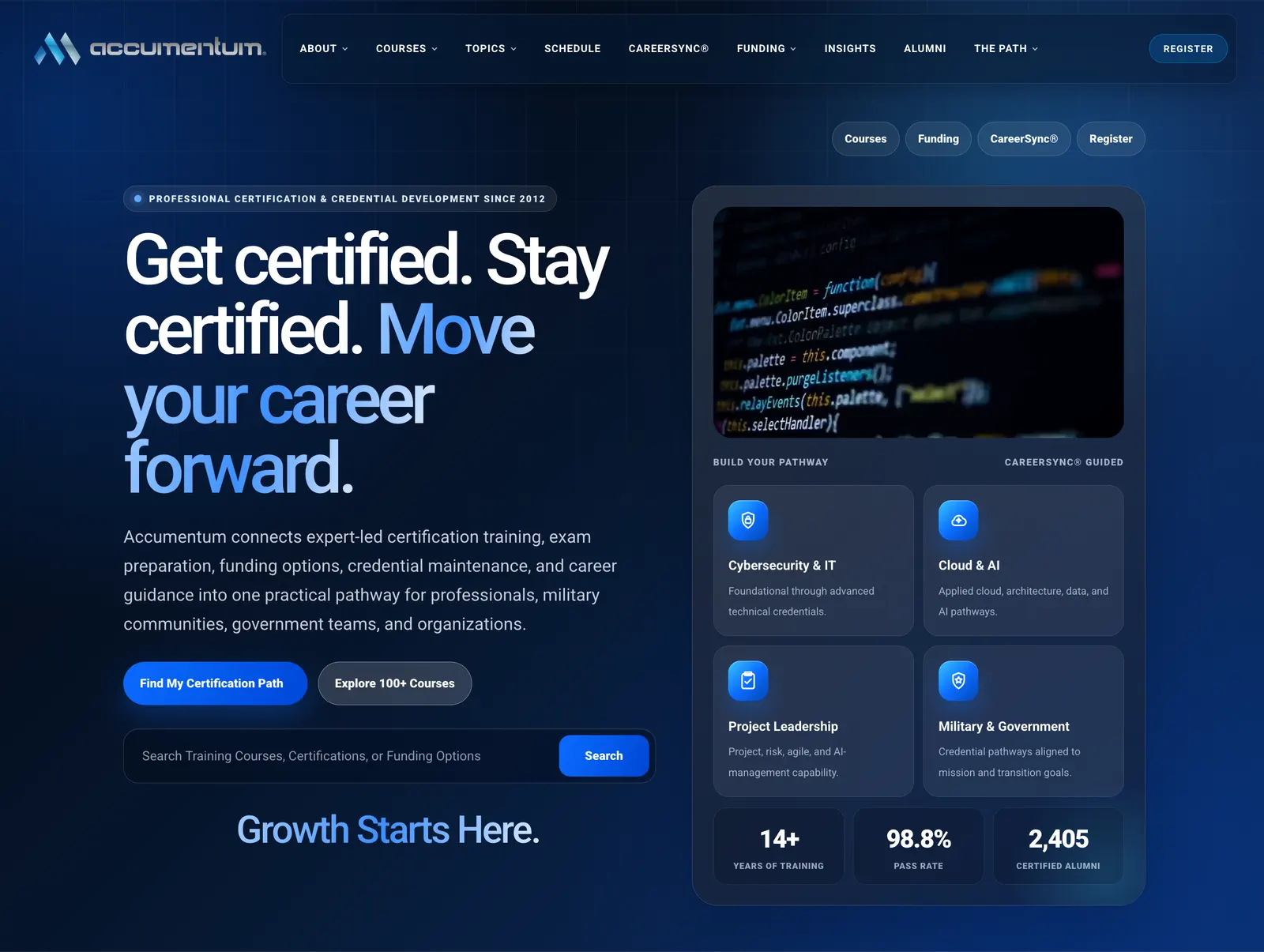 Accumentum homepage showing certification training paths
