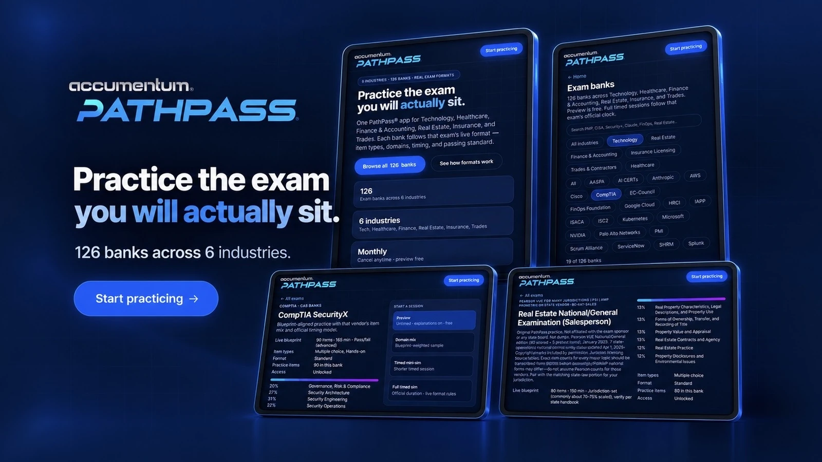 Accumentum PathPass on four tablets beside the headline Practice the exam you will actually sit, showing the 126 exam banks across six industries and exam detail screens