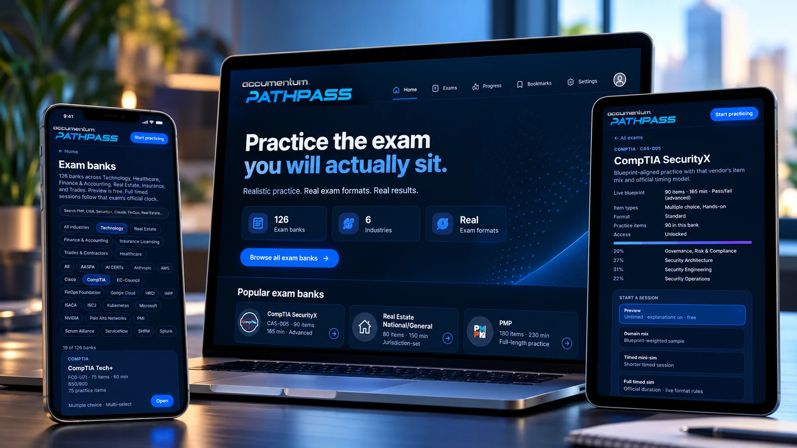 Accumentum PathPass on a phone, laptop and tablet: the headline Practice the exam you will actually sit with 126 exam banks, the exam bank browser and a CompTIA SecurityX exam detail