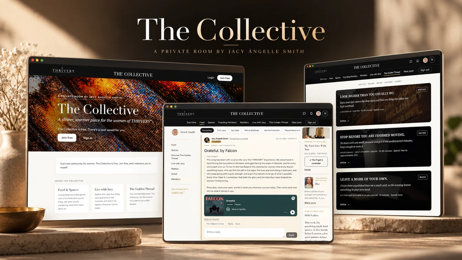 The Collective, a private room by Jacy Ángelle Smith, on three screens showing the welcome page, the community feed and member prompts