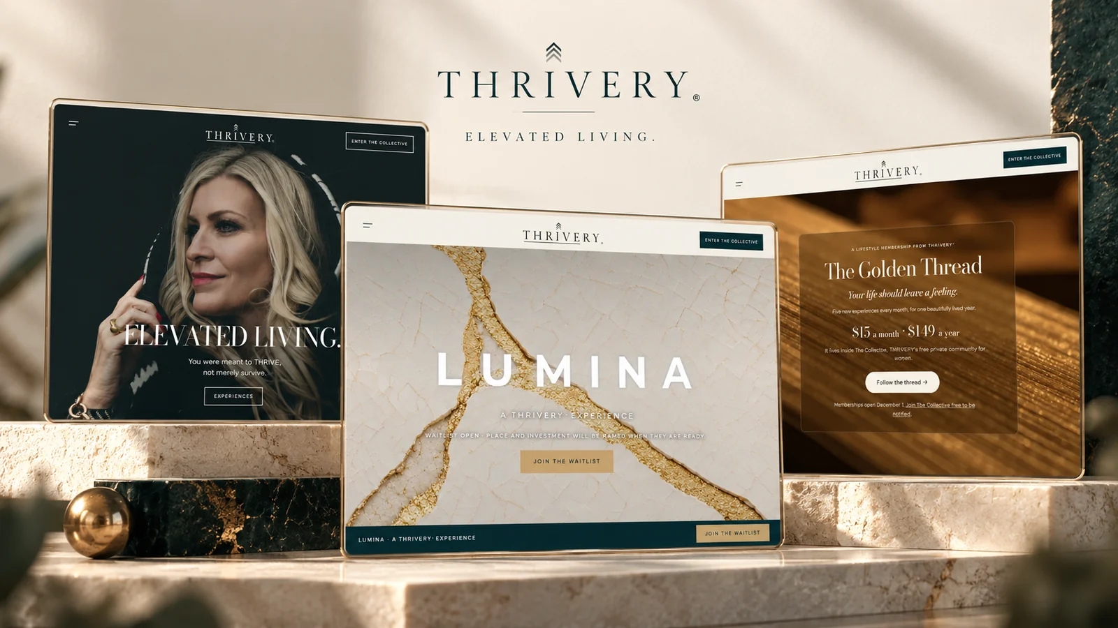 THRIVERY Elevated Living on three tablets showing the Elevated Living, LUMINA and The Golden Thread pages on marble